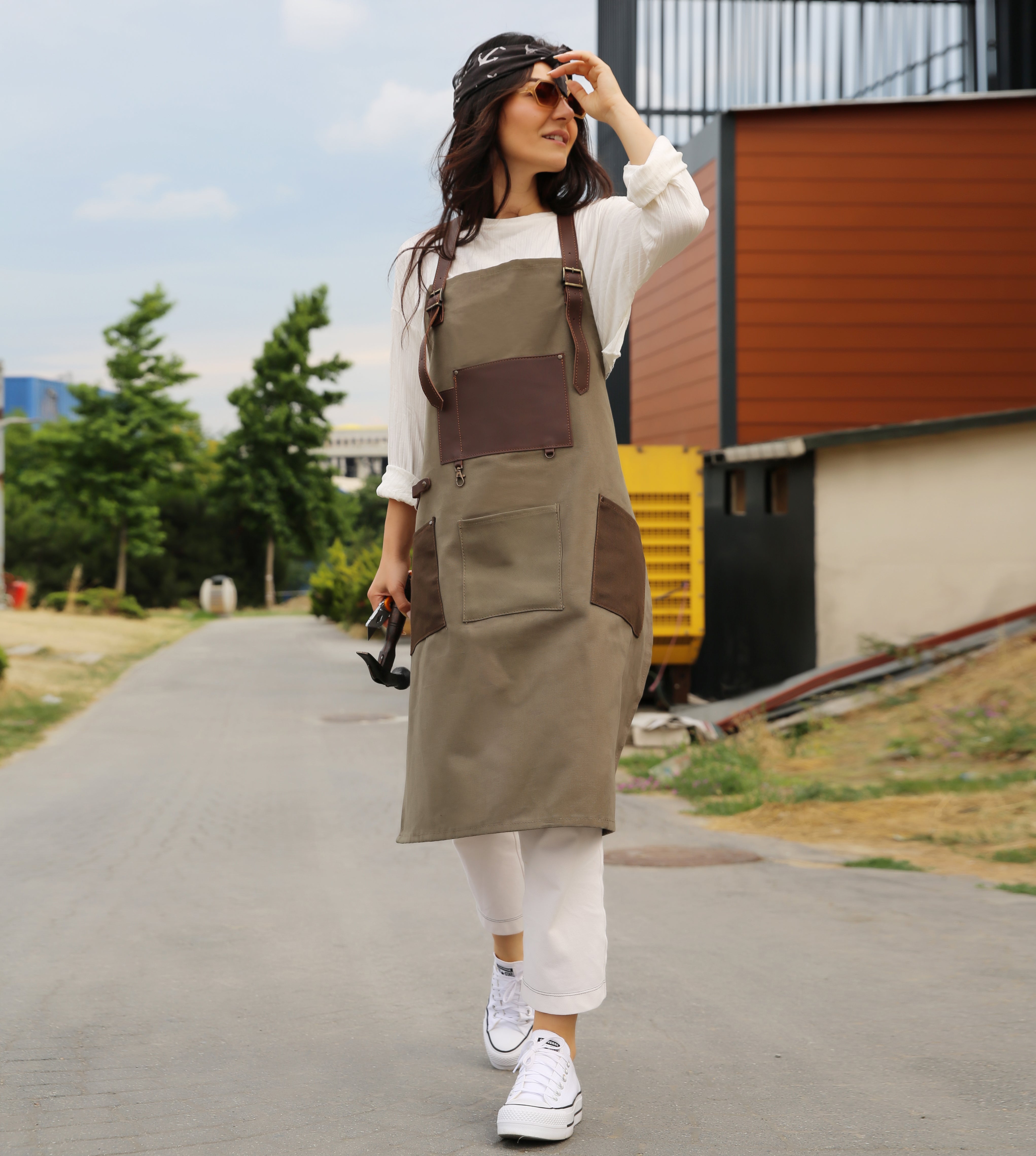 Handmade Canvas Apron with Adjustable Leather Strap (Navy Blue & Khaki)