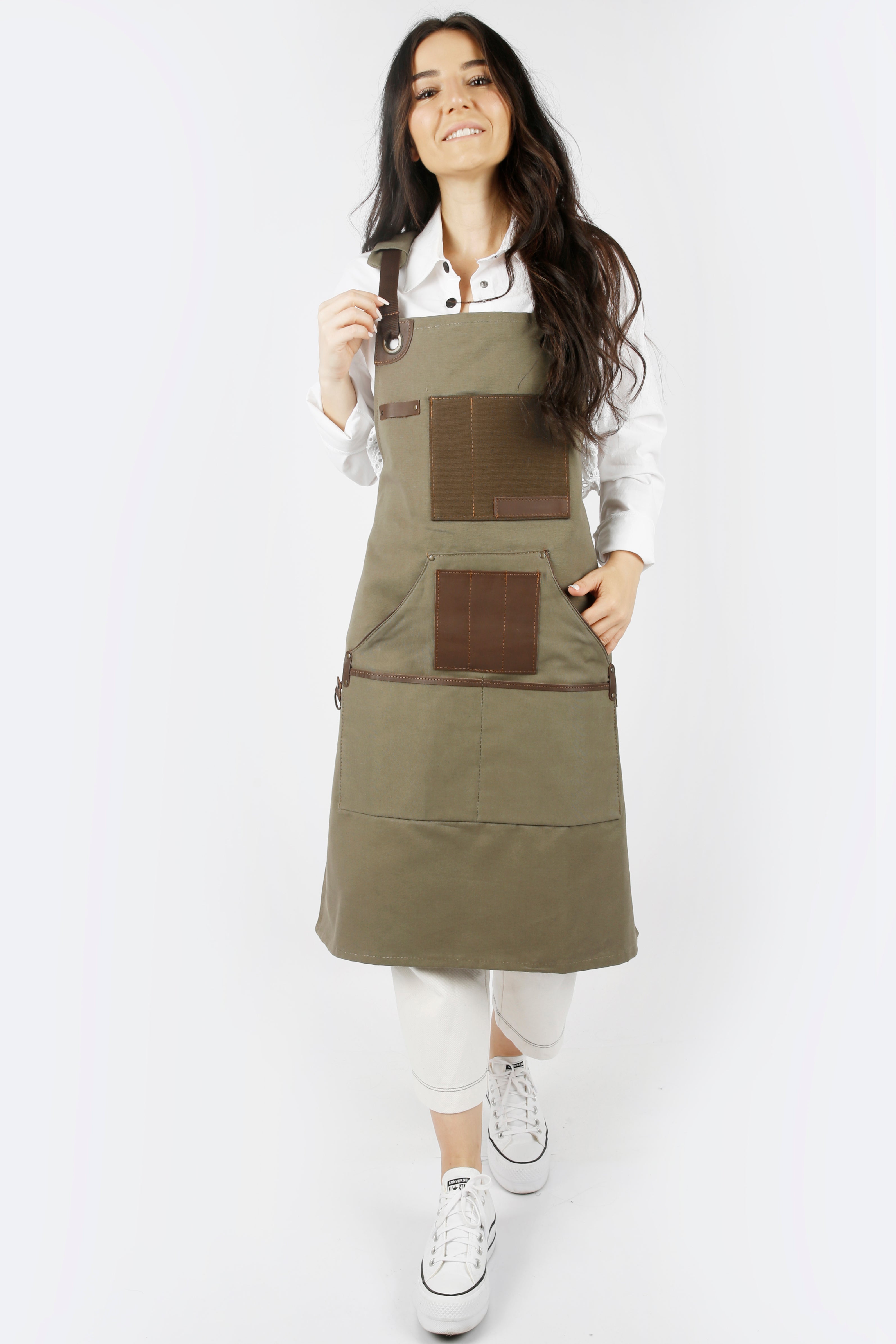 Handmade Canvas Apron with Adjustable Cross-Back Leather Strap (Khaki & Navy Blue)