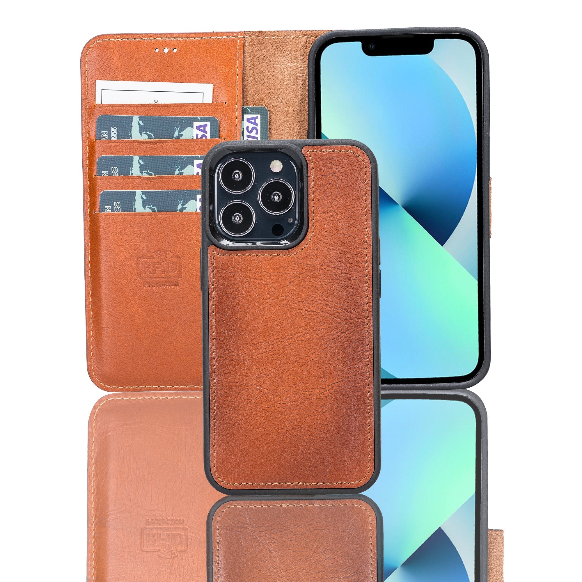 LupinnyLeather Brown Leather Magnetic Detachable Wallet Case for iPhone 13 Pro (6.1") 16