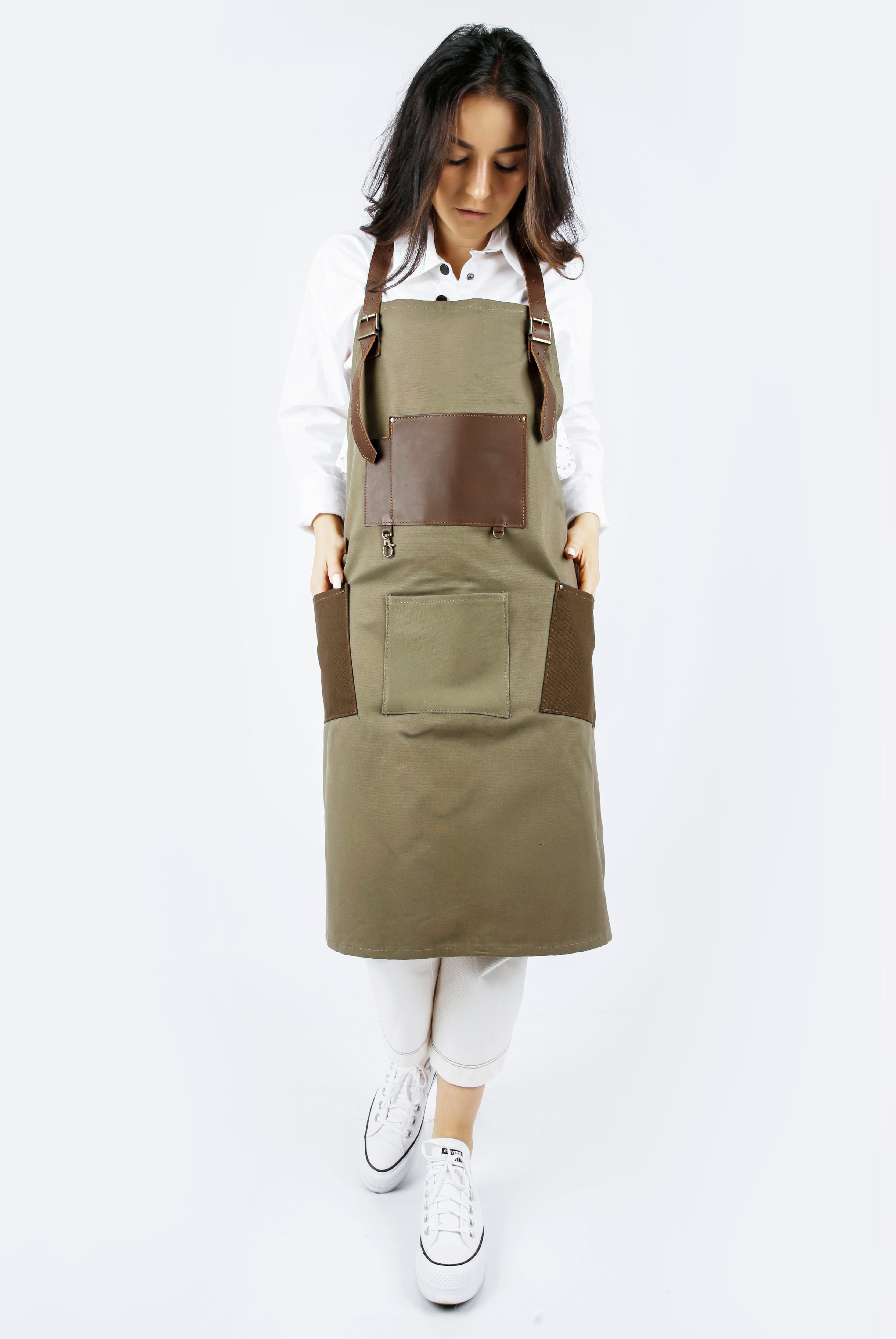 Handmade Canvas Apron with Adjustable Leather Strap (Navy Blue & Khaki)