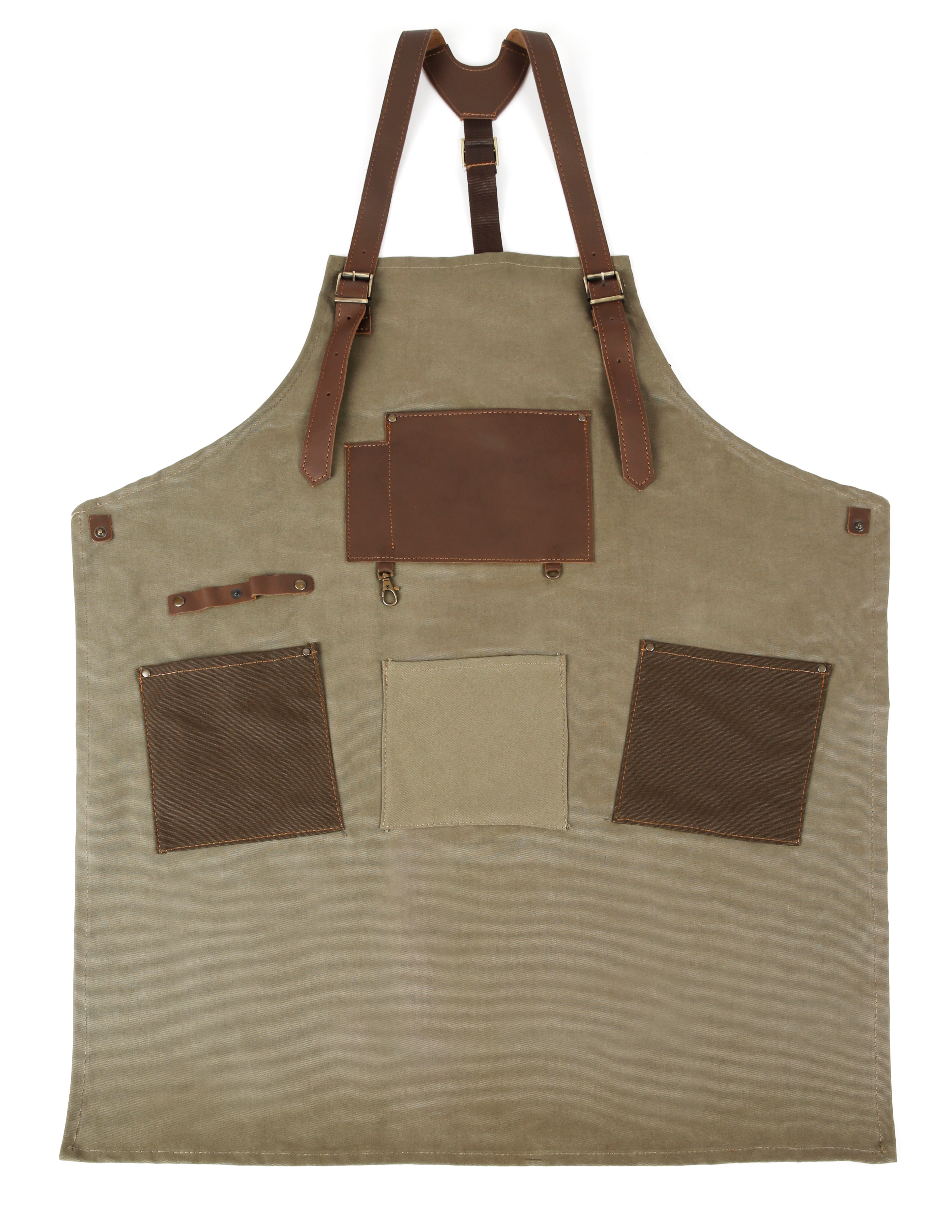 Handmade Canvas Apron with Adjustable Leather Strap (Navy Blue & Khaki)