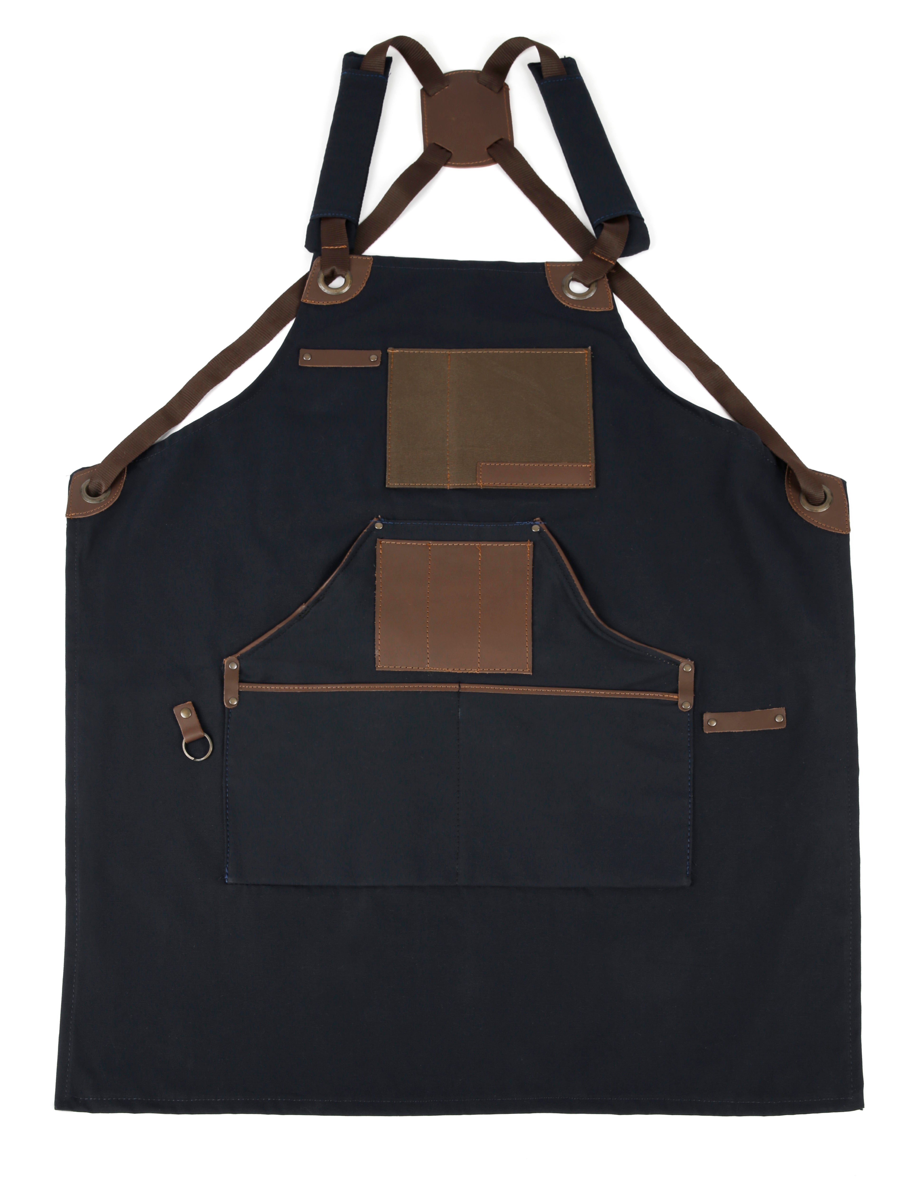 Handmade Canvas Apron with Adjustable Cross-Back Leather Strap (Khaki & Navy Blue)