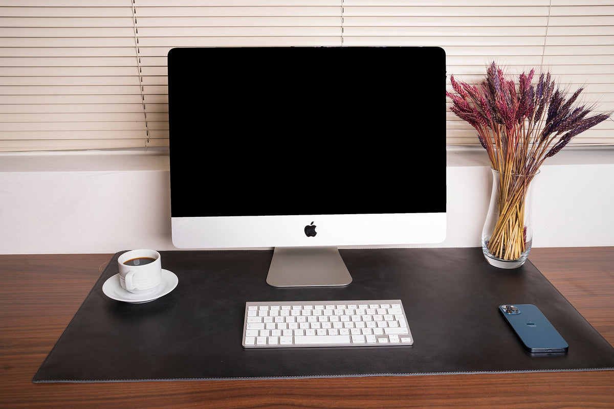 Matte black full-grain leather desk mat