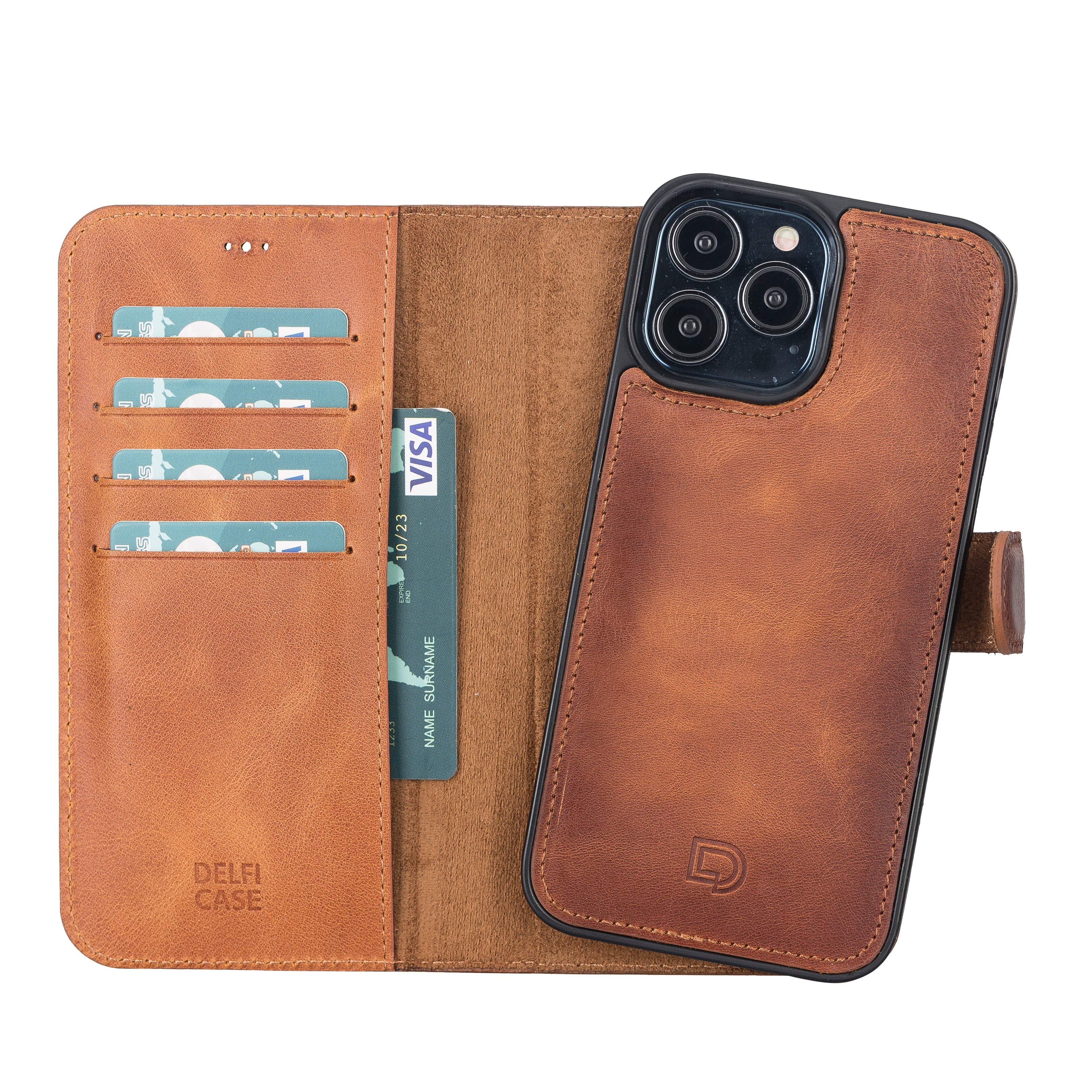 LupinnyLeather Rustic Brown Leather Magnetic Detachable Wallet Case for iPhone 13 Pro Max (6.7") 136
