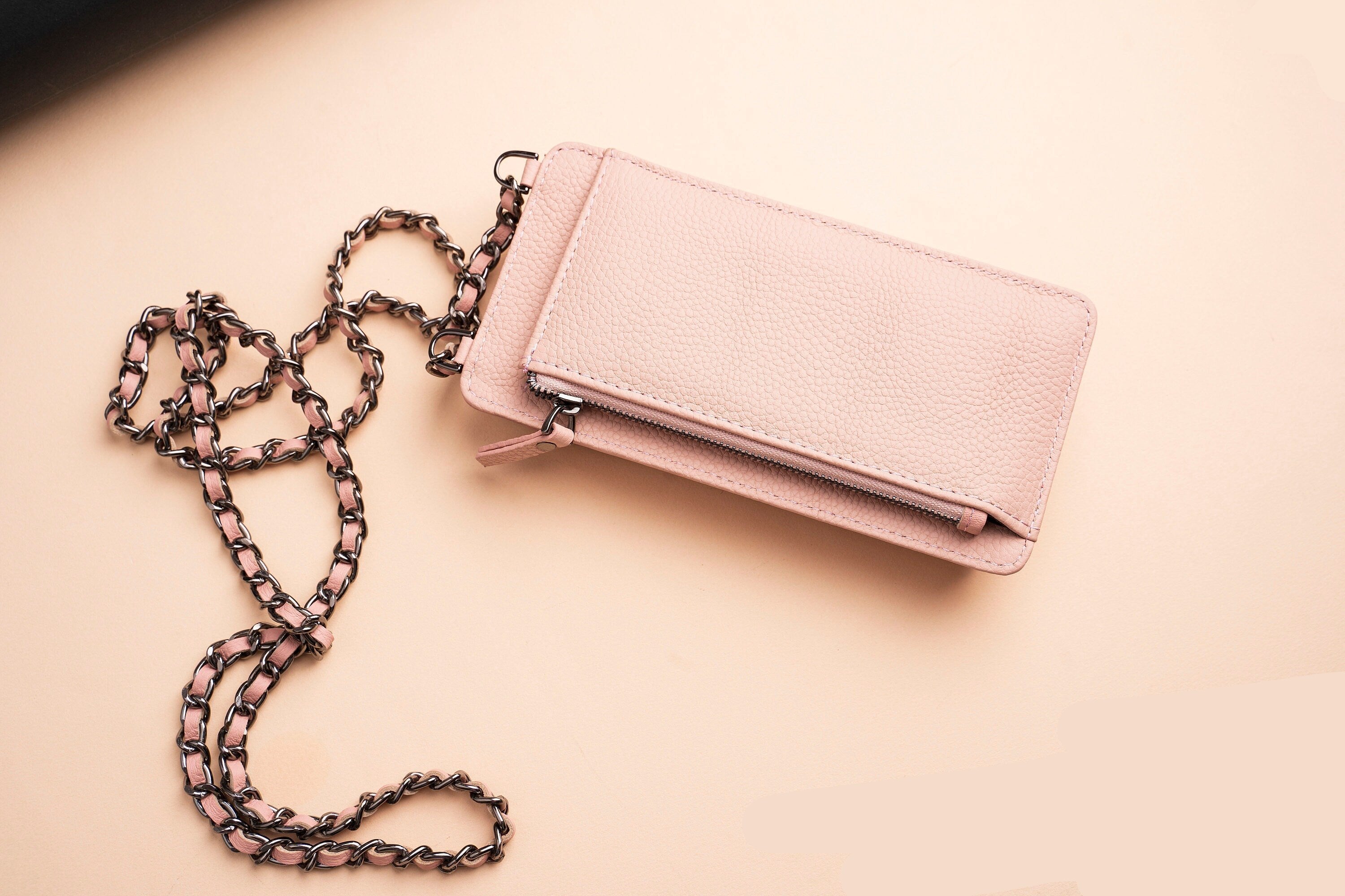 Genuine Leather Crossbody Phone Bag with Card Holder Pink 1
