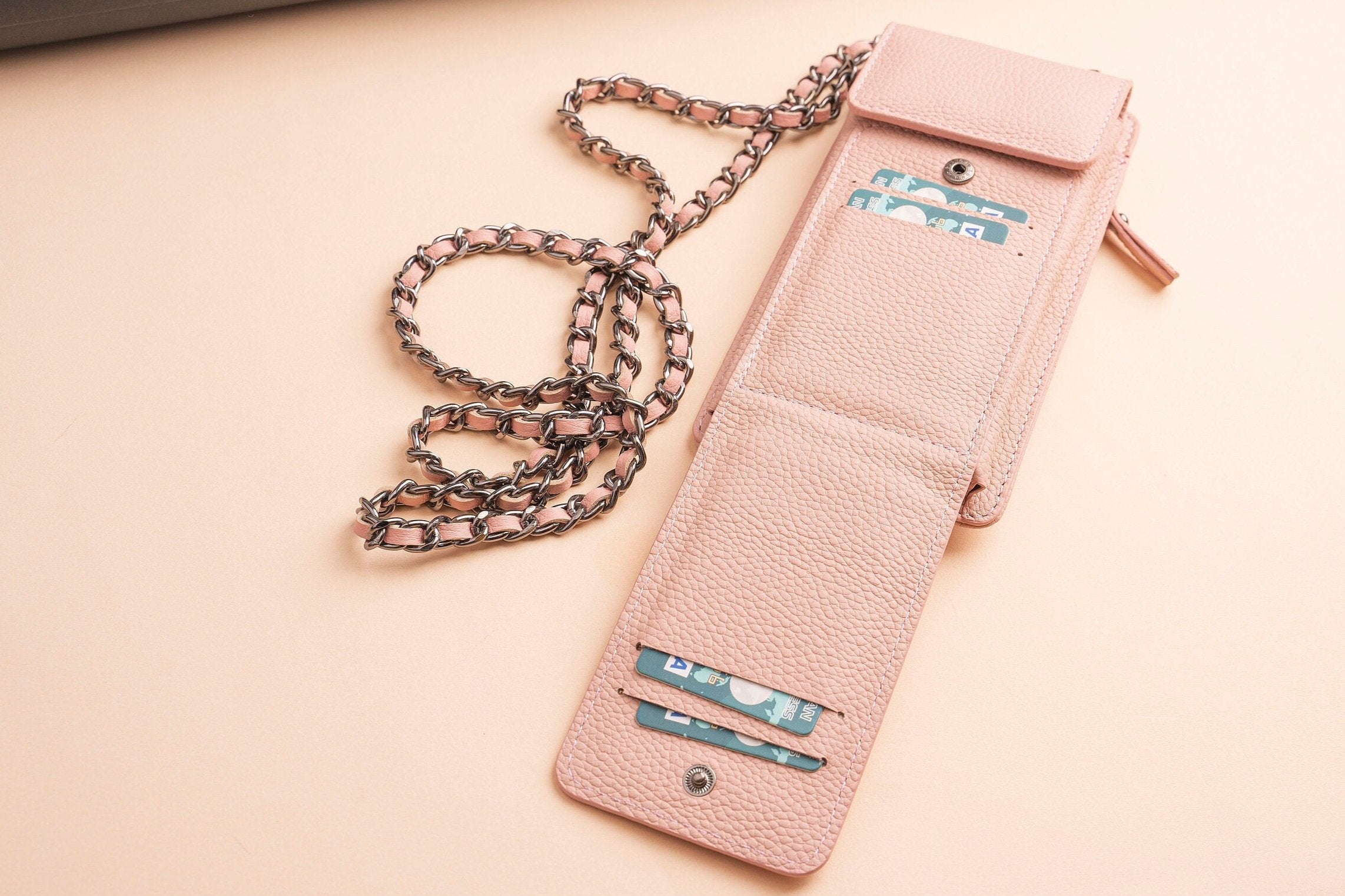 Genuine Leather Crossbody Phone Bag with Card Holder Pink 3