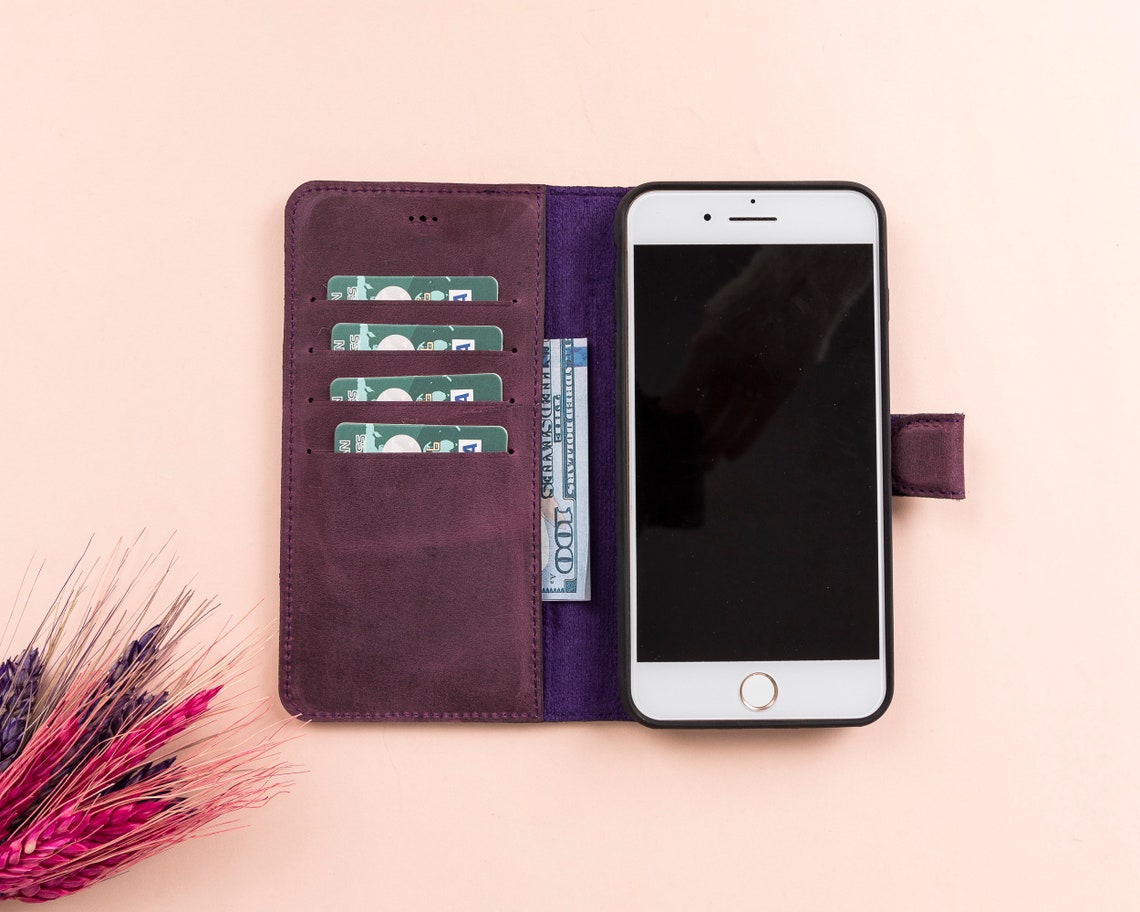 LupinnyLeather Magnetic Detachable Wallet Case for iPhone SE (2020) Purple 2