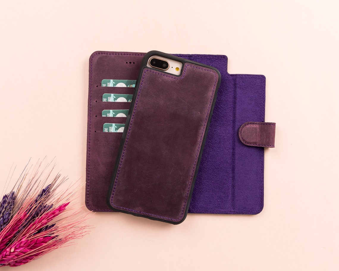 LupinnyLeather Magnetic Detachable Wallet Case for iPhone SE (2020) Purple 6