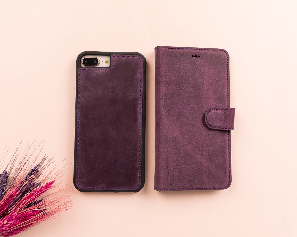LupinnyLeather Magnetic Detachable Wallet Case for iPhone SE (2020) Purple 7