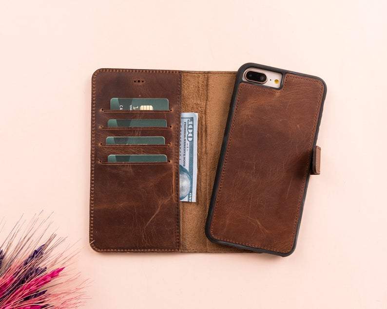Genuine Leather RFID Wallet Phone Case SURAZO - Ornament Brown Compatible with Apple iPhone SE 3 2022 SE 2020 & iPhone 7/8